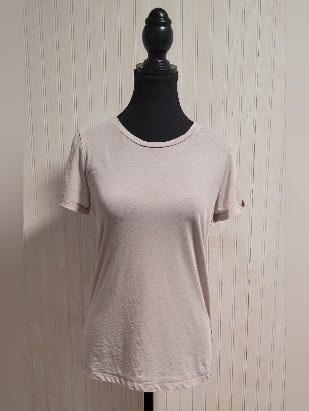 AllSaints Mazzy Devo Twisted Sleeve Slash Detail Tee Light Beige Small EUC